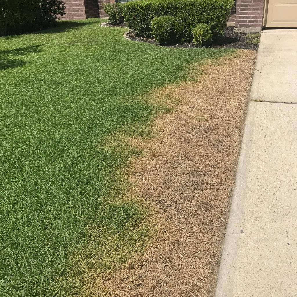 A St. Augustine lawn beside a driveway, with a dead strip along the concrete