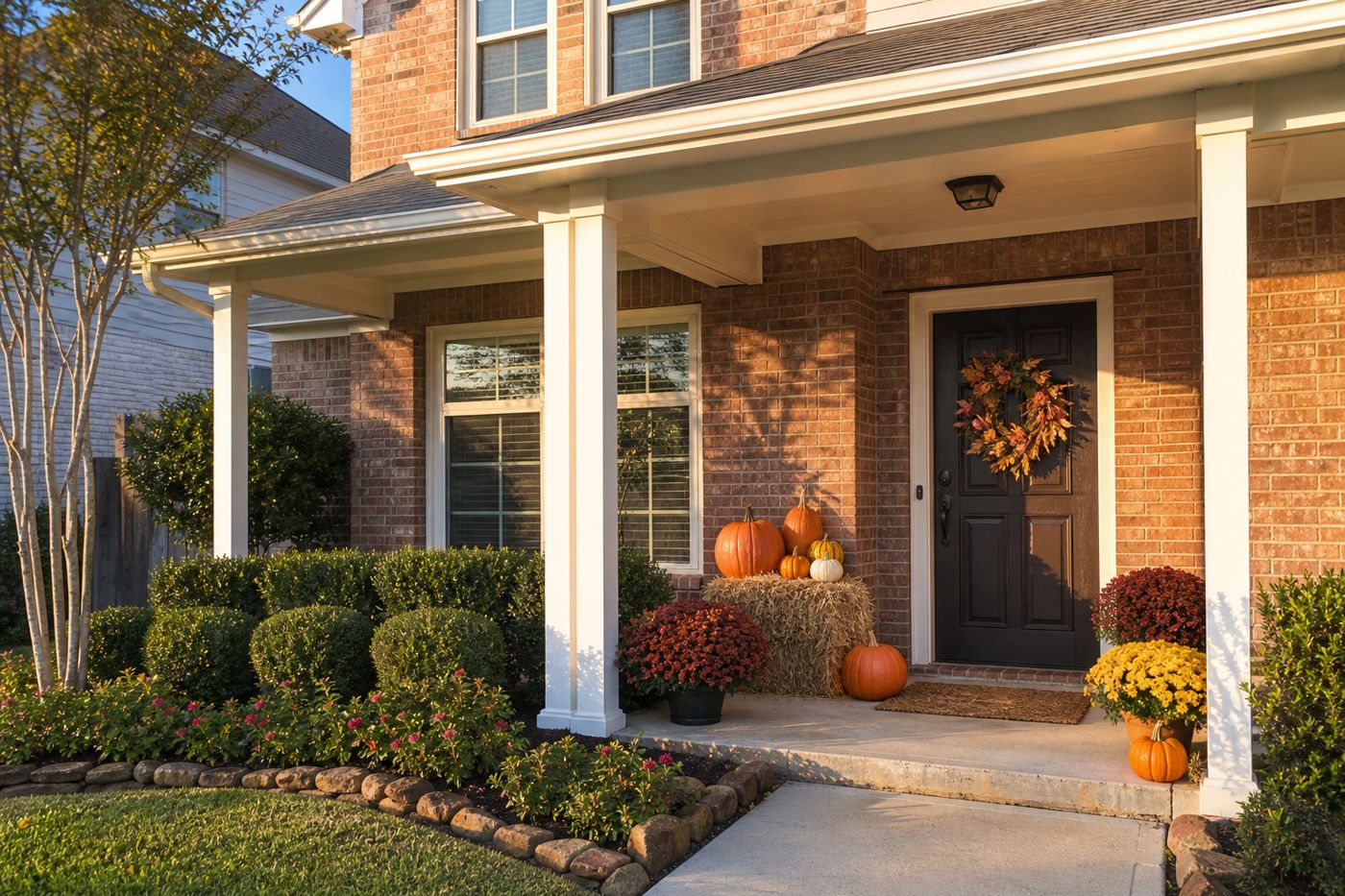 A front porch decorated for fall with rust and yellow mums, pumpkins and gourds on a hay bale, and a leaf wreath on the door