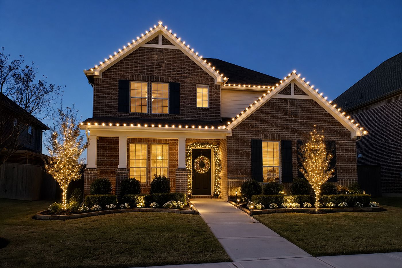 Warm white Christmas lights clipped along the roofline of a brick house at dusk