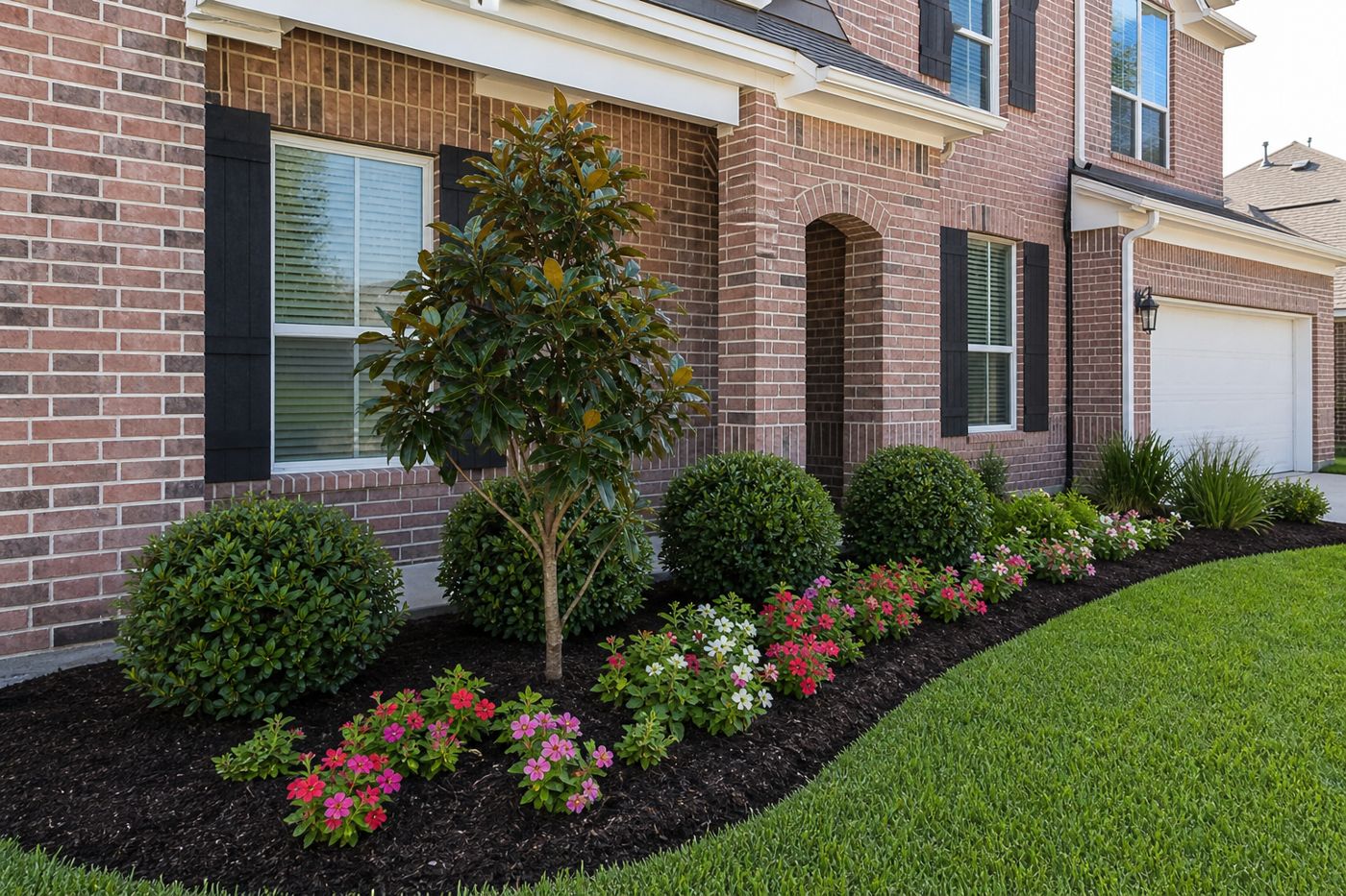 A freshly planted front bed along a brick house with a young Little Gem magnolia, round green shrubs and pink and white flowers in dark mulch
