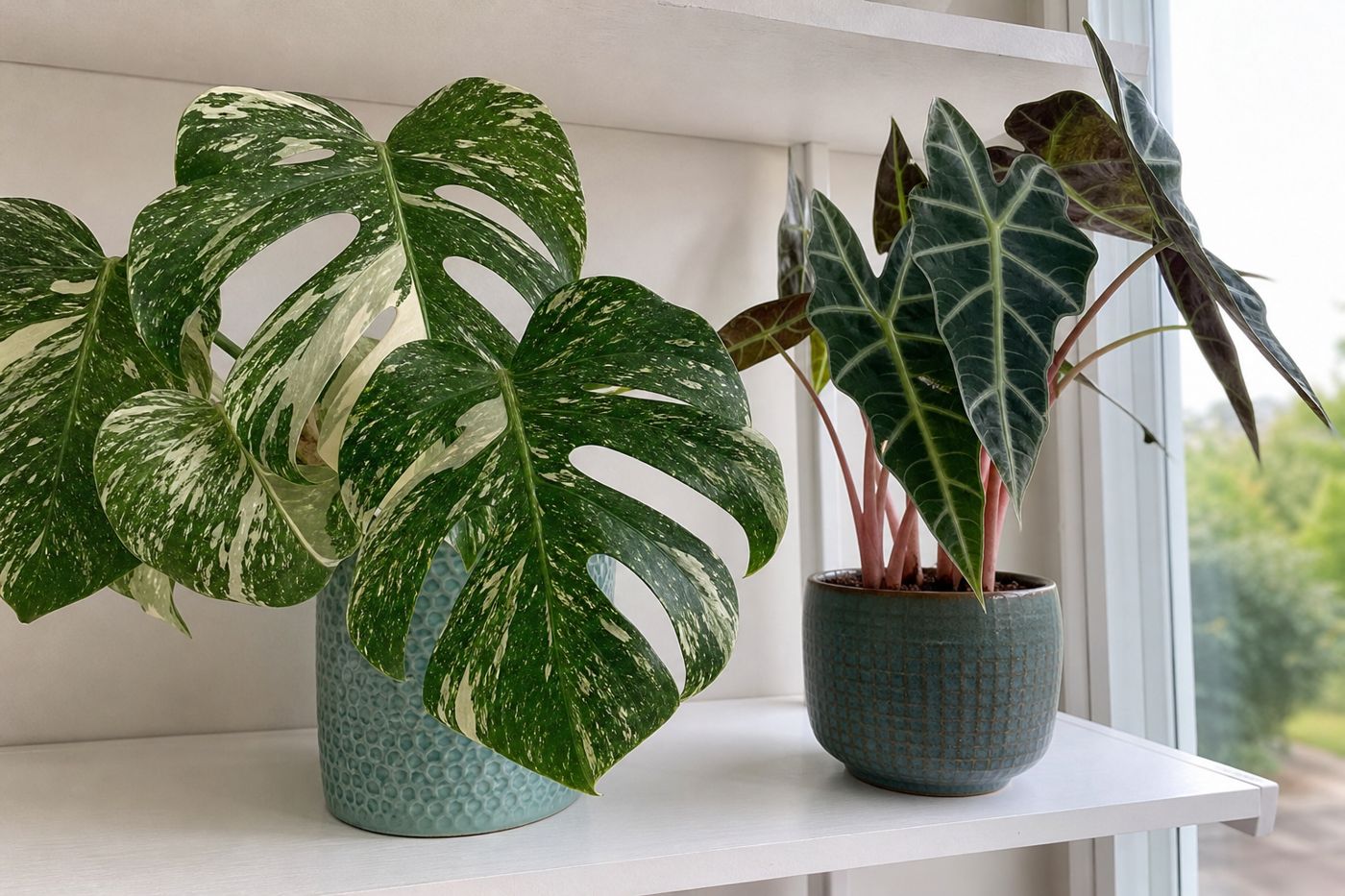 A white-variegated Monstera and a pink-stemmed Alocasia in small glazed pots on a shelf